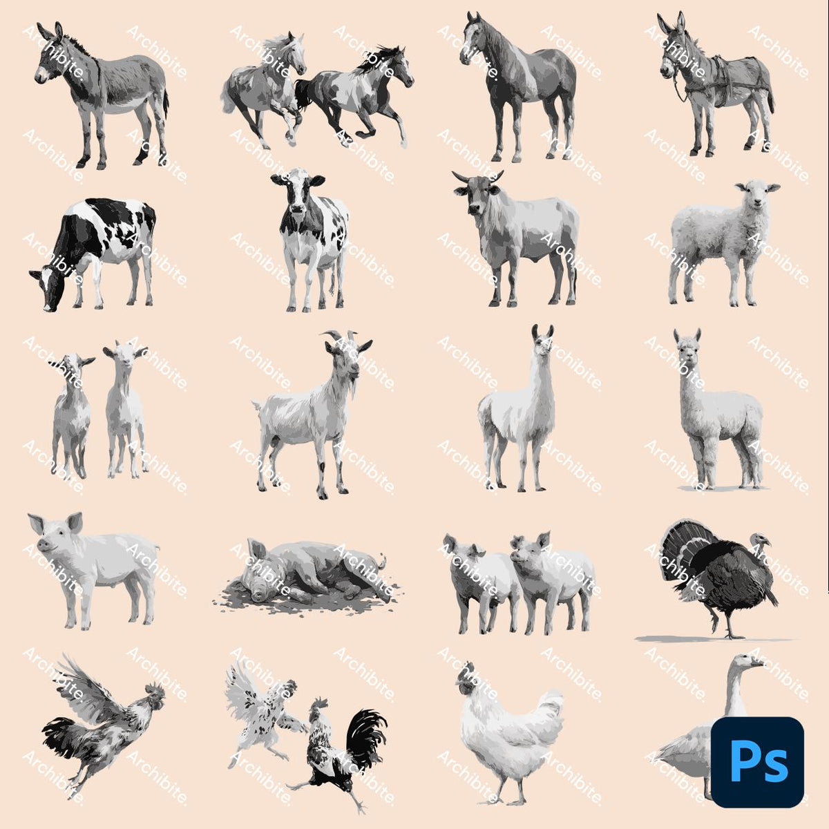 Photoshop Brushes - Farm Animals Elevation