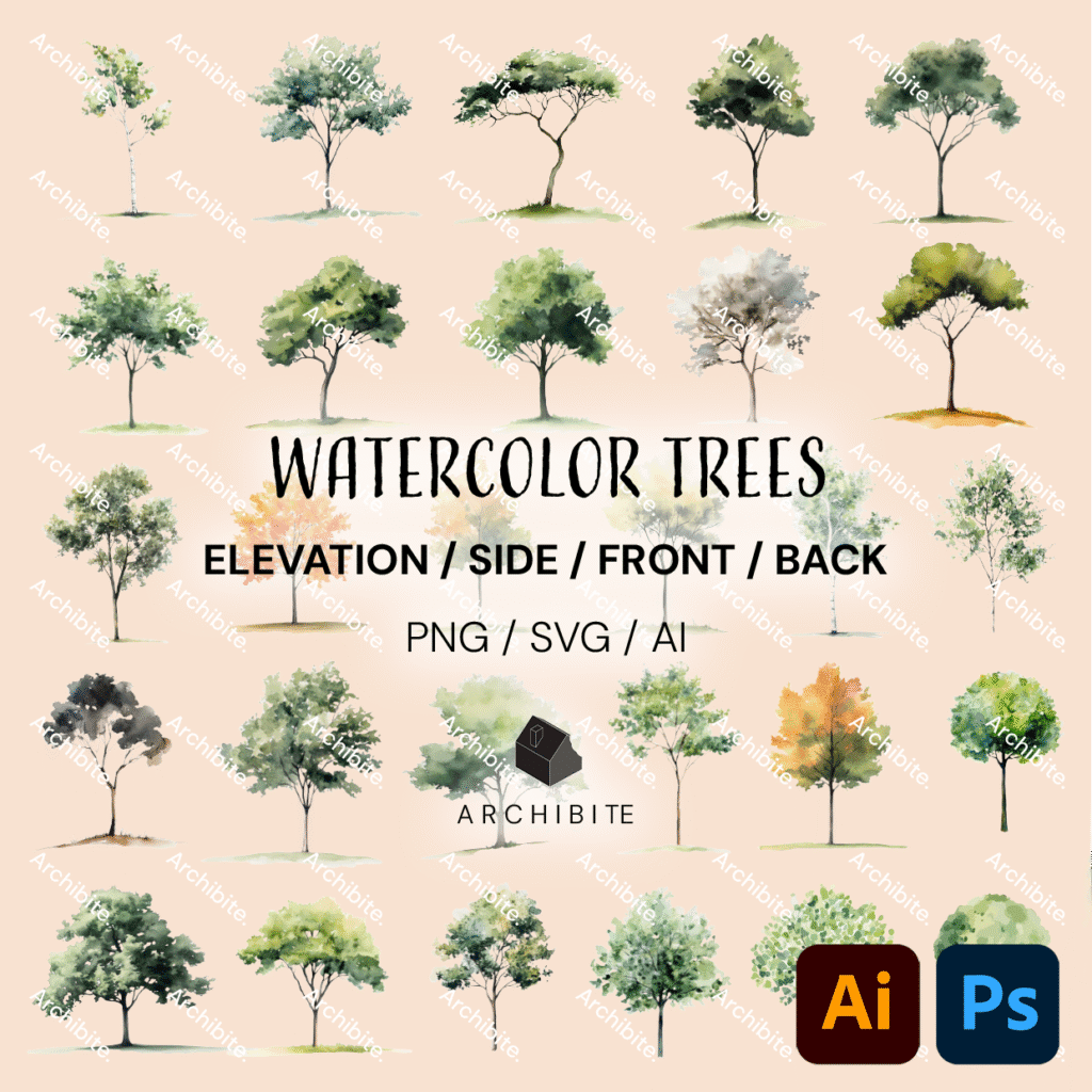 Vector Watercolor Trees Elevation